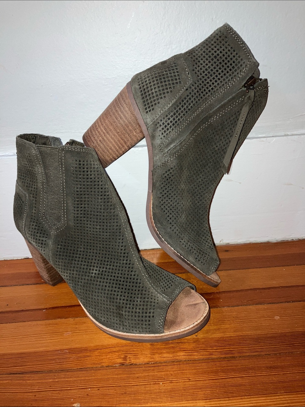 Toms Majorca Olive Green Suede Perforated Peep-Toe Ankle Booties